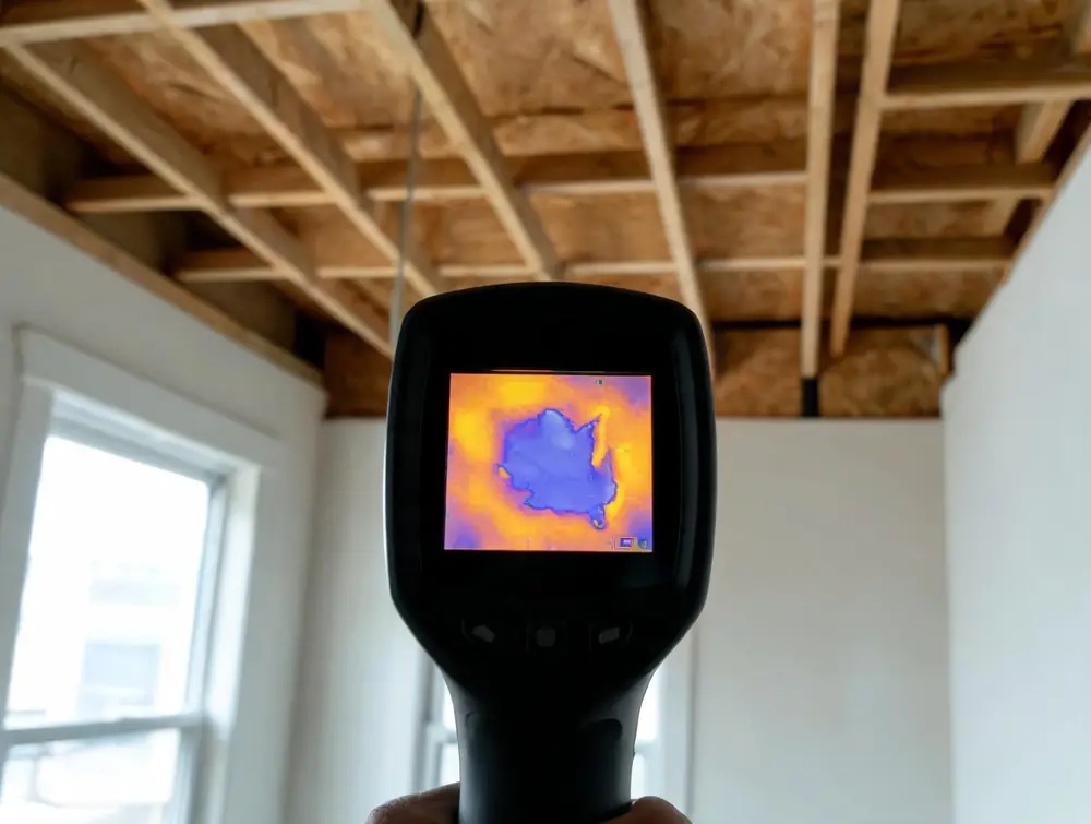 Thermal imaging camera showing a cool patch on a ceiling