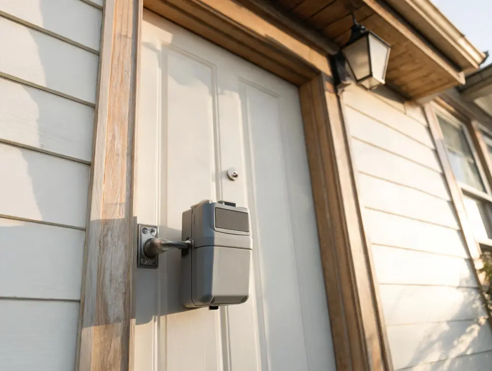 Real estate lockbox on the front door of an older house