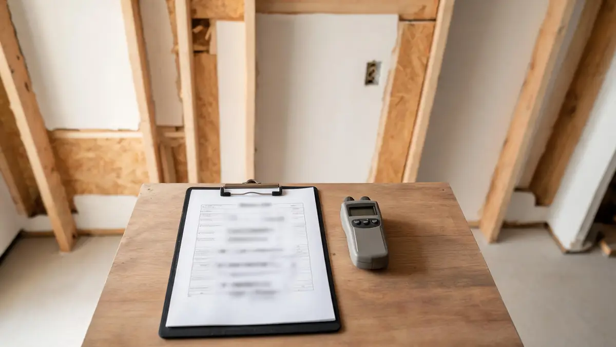 Line-item scope of work on a clipboard beside a moisture meter