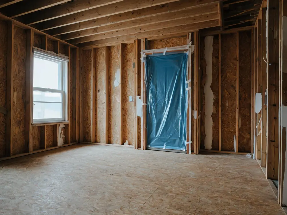 Hotel guest room stripped to the subfloor behind containment