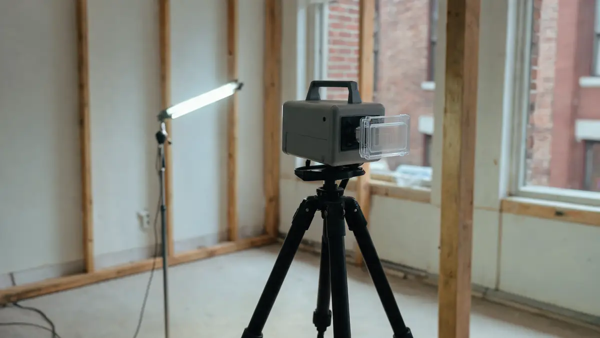 Air sampling pump on a tripod with a spore trap cassette fitted