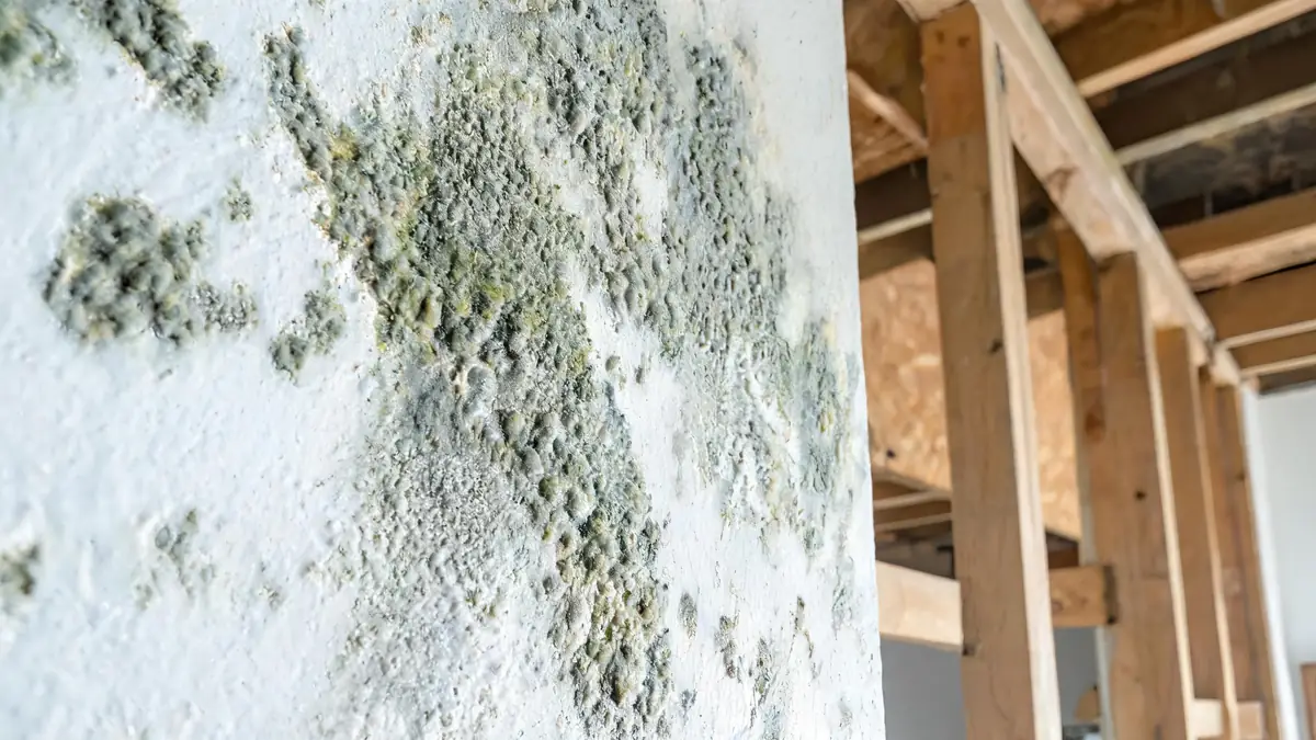 Close detail of textured mold colonies on a painted wall