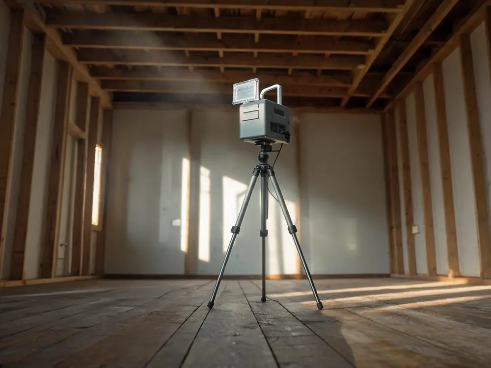 Air sampling pump on a tripod with a spore trap cassette fitted