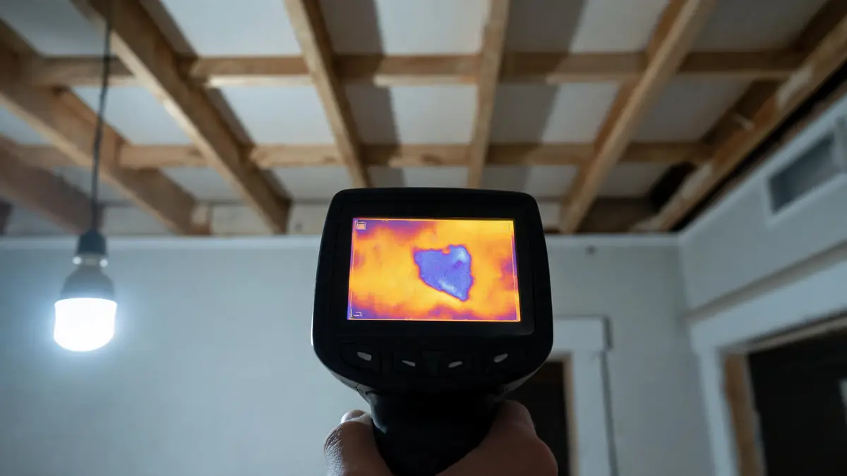 Thermal imaging camera showing a cool patch on a ceiling