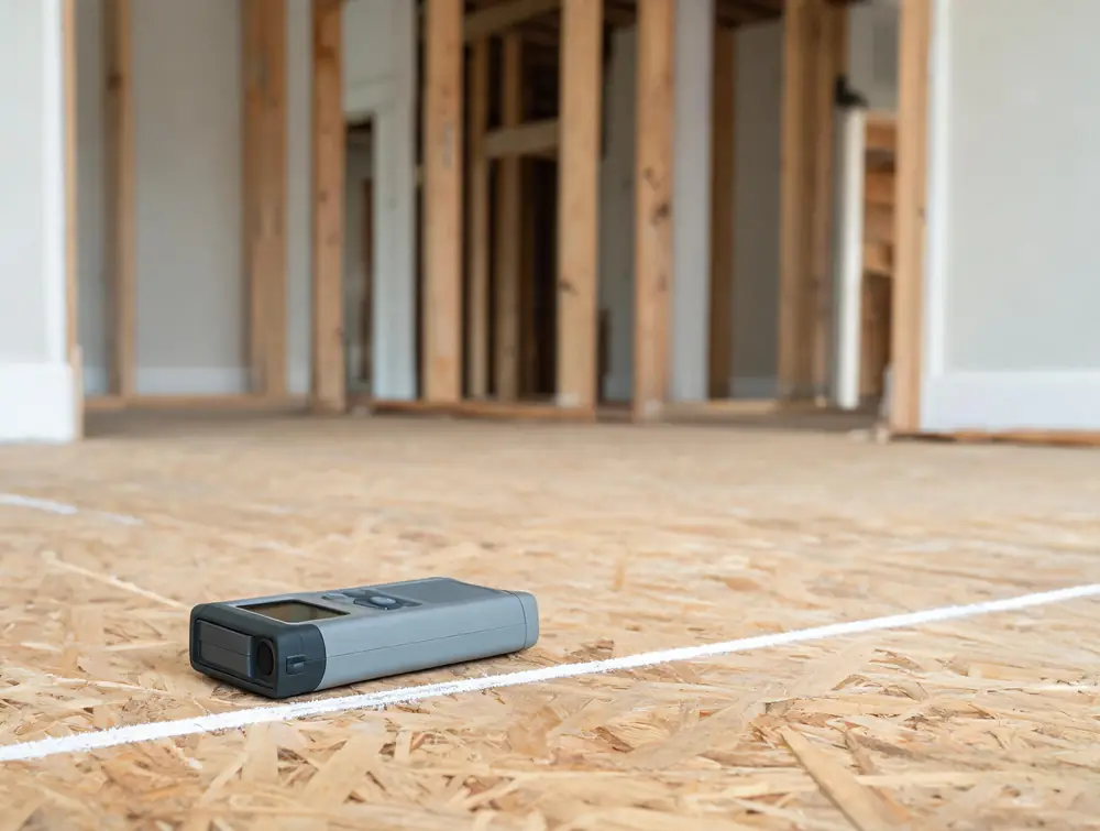 Laser distance measure beside a chalk line on a subfloor