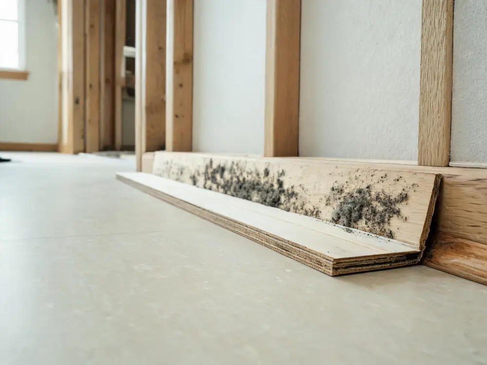 Dark growth on the unfinished back of a removed baseboard