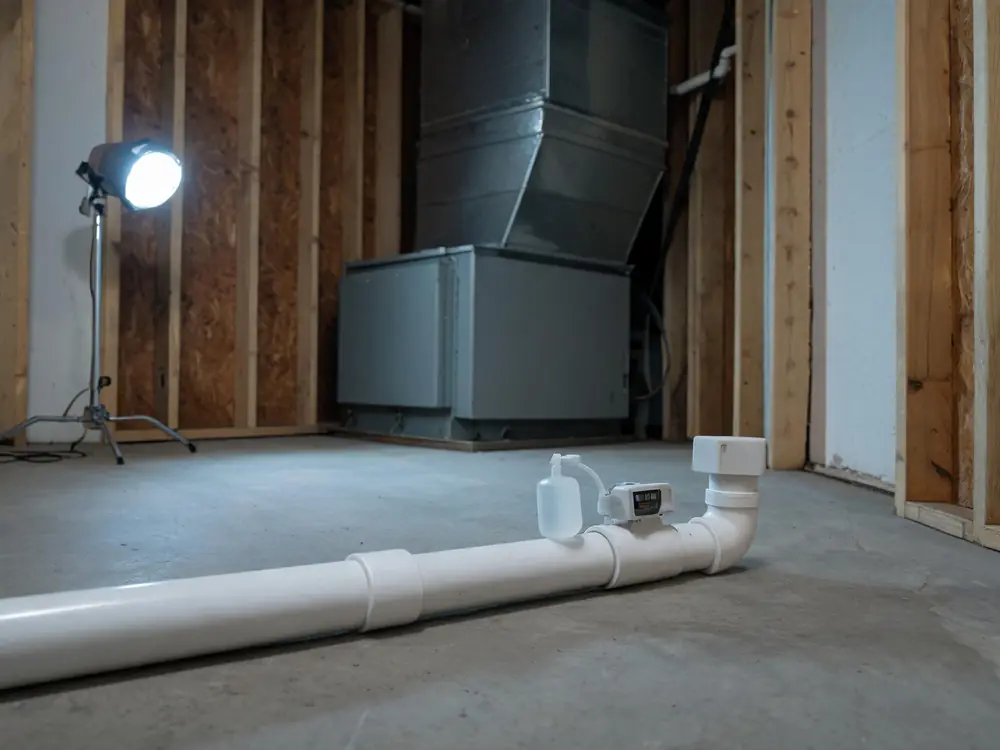 Condensate drain line and float switch beside an air handler