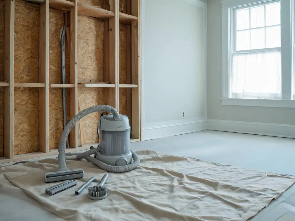 HEPA vacuum and brushes beside a partly cleaned framing bay