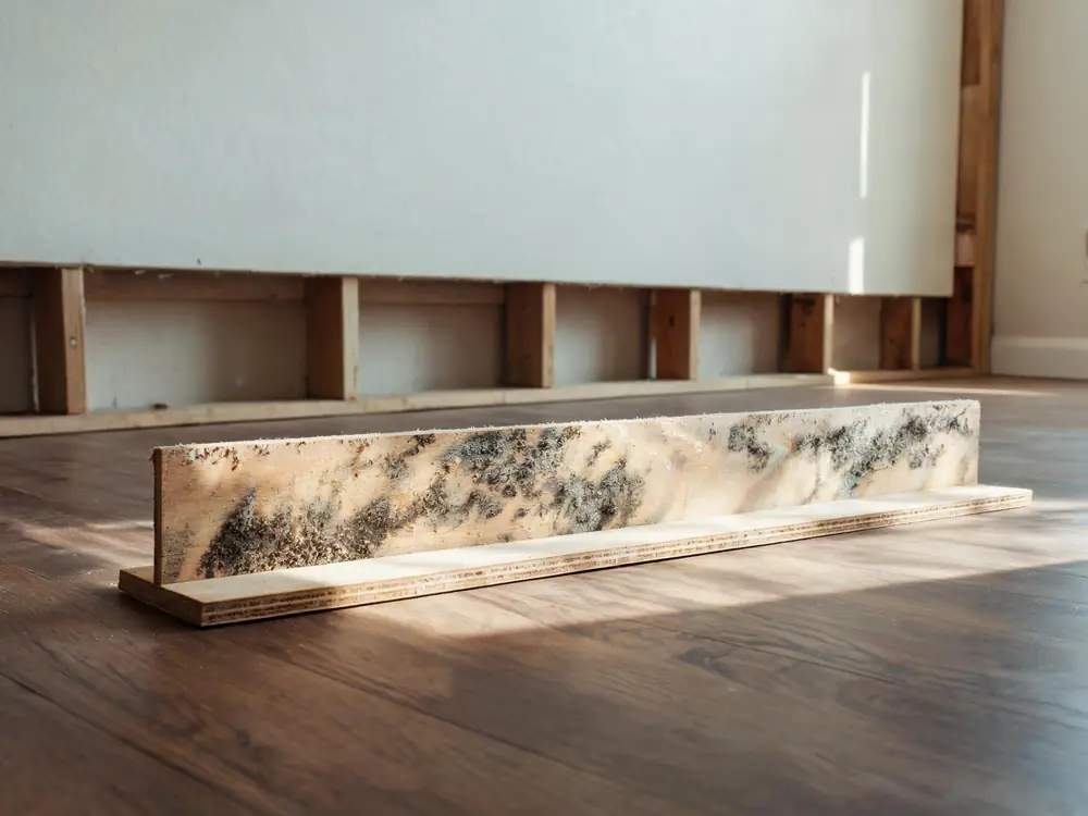 Dark growth on the unfinished back of a removed baseboard