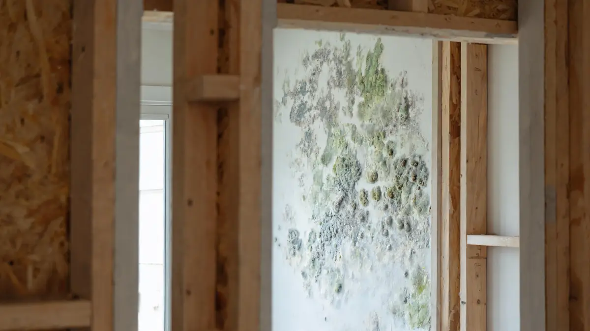 Close detail of textured mold colonies on a painted wall