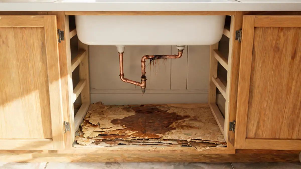 Burst copper supply line above a swollen cabinet floor