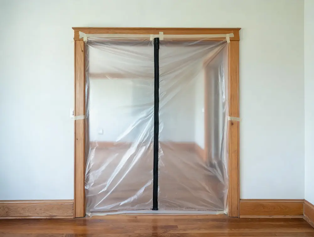 Sealed containment zipper door fitted in an interior doorway