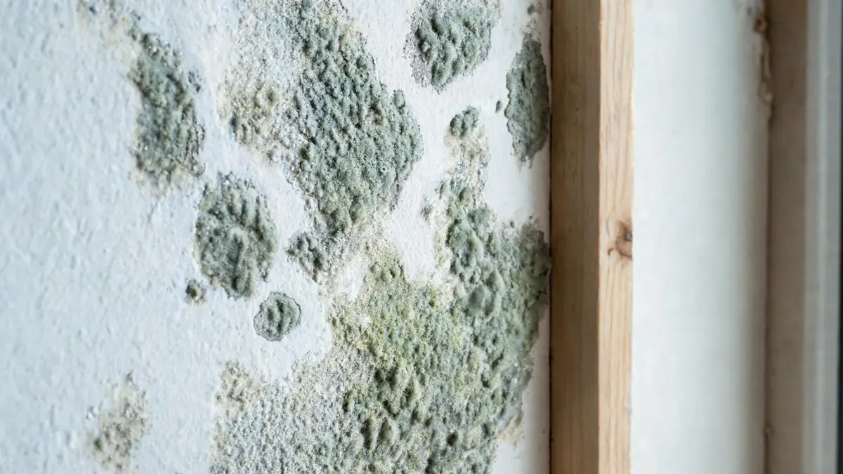 Close detail of textured mold colonies on a painted wall