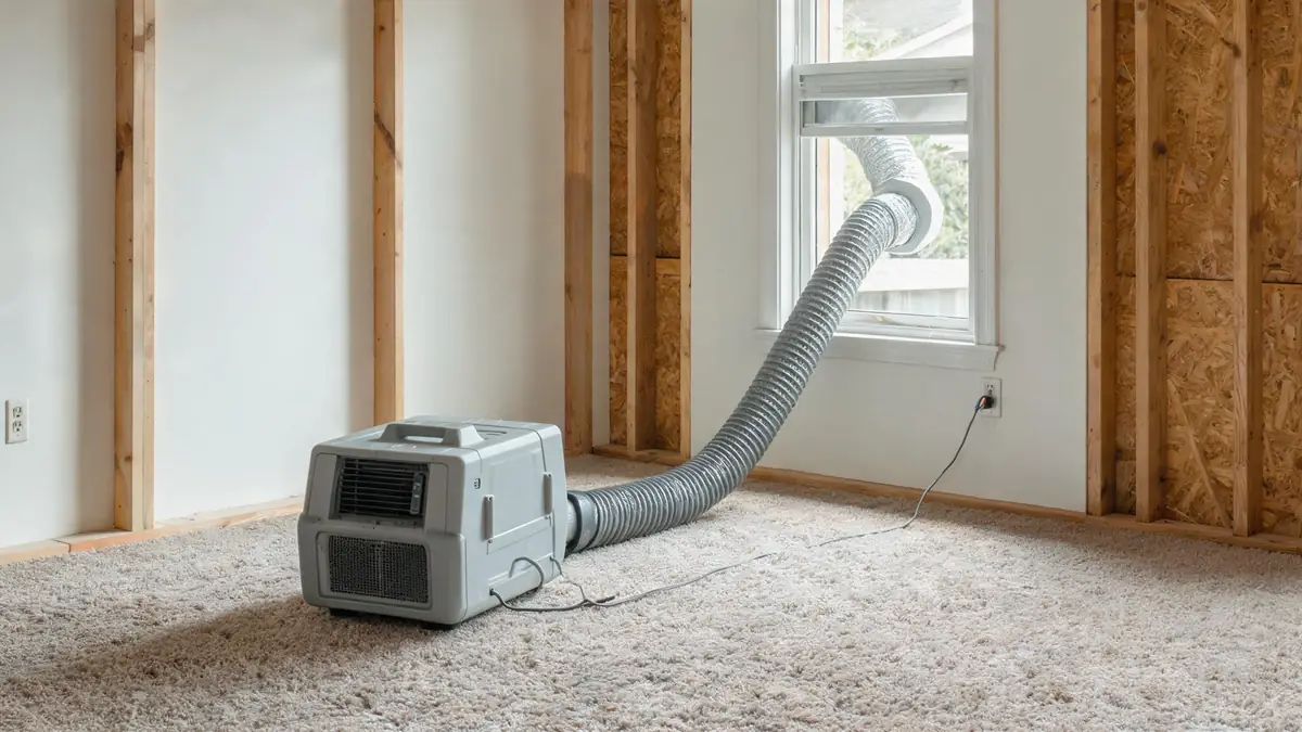 HEPA air scrubber running with ducting routed out of a window
