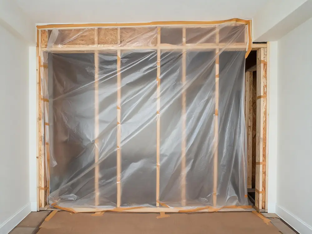 Poly sheeting taped floor to ceiling across an opening