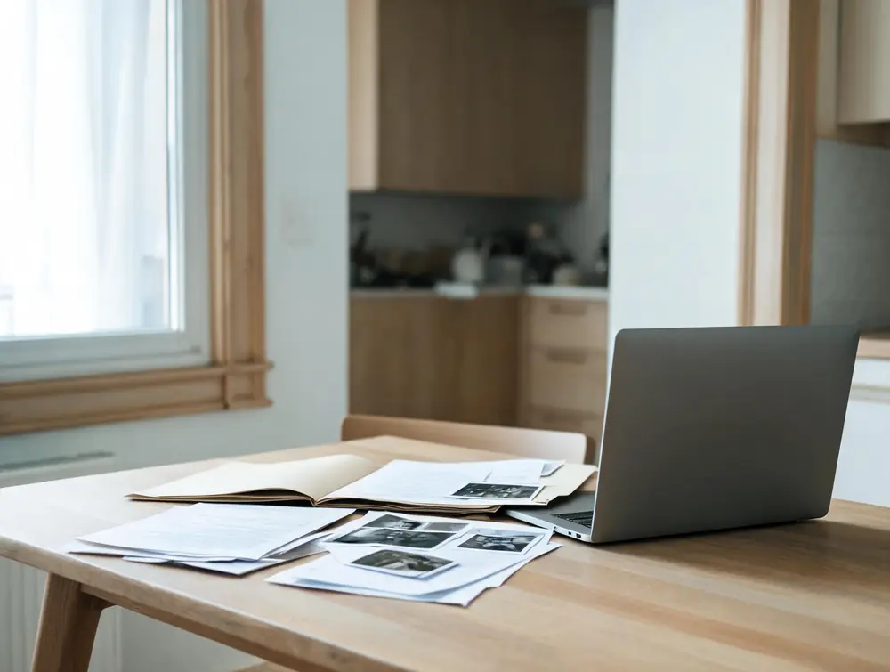 Folder of documents and photographs spread on a kitchen table