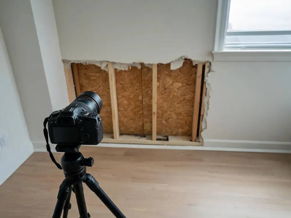 Camera on a tripod documenting a damaged wall
