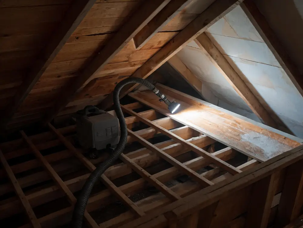 Dry ice blasting equipment staged in an attic beside partly cleaned sheathing