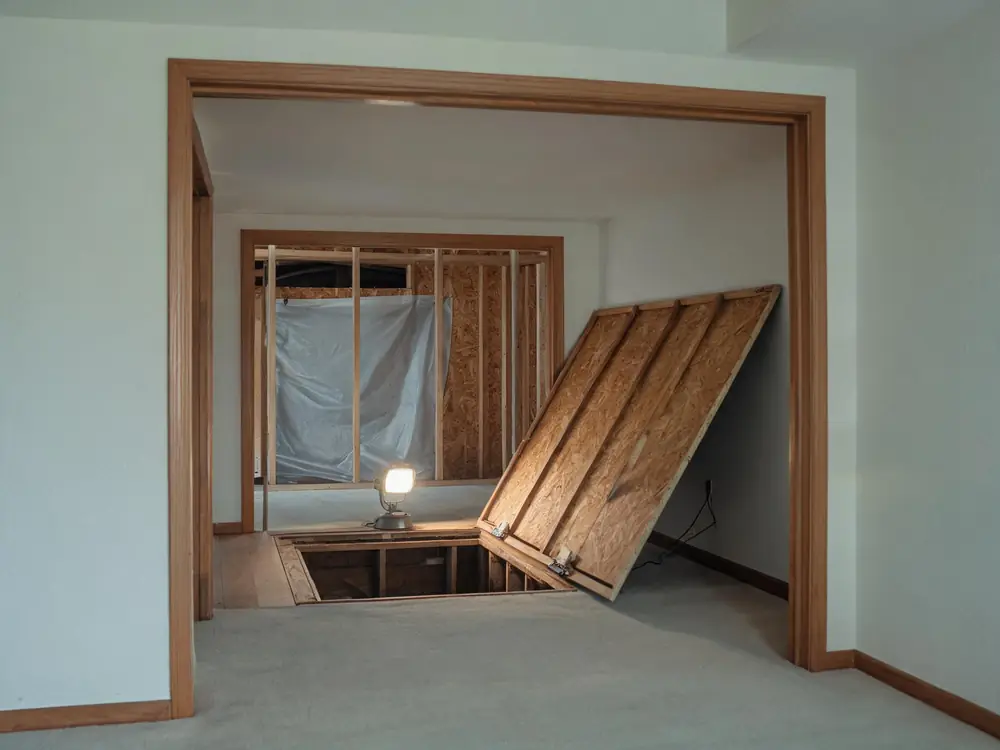 Open crawl space hatch with encapsulation sheeting visible inside