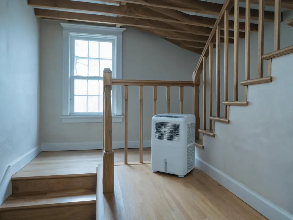 Dehumidifier running on the landing of an apartment stairwell